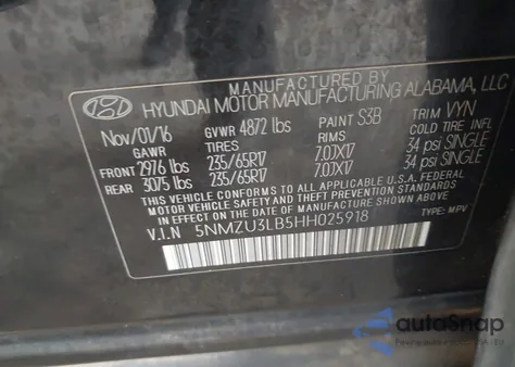 2017 Hyundai Santa Fe Sport 2.4L from USA, damaged, VIN 5NMZU3LB5HH025918